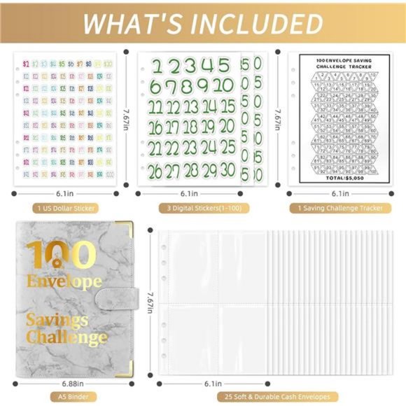 100 Envelopes Money Saving Challenge Tracker to Save $5,050, Marble Grey - Picture 2 of 7